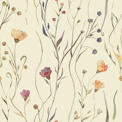 Meadow Wildflowers Print Design Seamless Pattern.