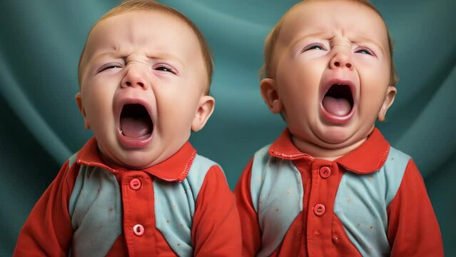 Two babies are crying and one of them is wearing a red shirt. The babies are sitting next to each other and their faces are red
