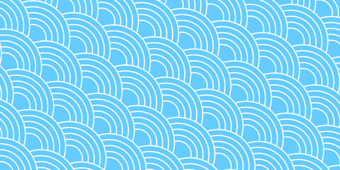 Fototapeta premium Blue sea or ocean waves in diagonal arrangement. Scallops print. Fish squama, dragon or snake scale background. Japanese seigaiha pattern. Simple geometric ornament. Vector flat illustration.