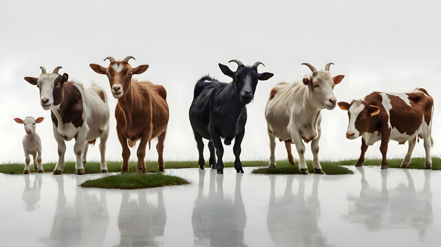 A group of goats frolicking on a pure white backdrop 