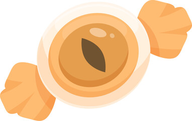 Fototapeta premium Round caramel candy with orange wrapping paper is lying on a white background