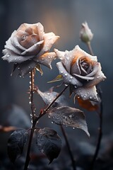 two roses with water droplets on them in the dark