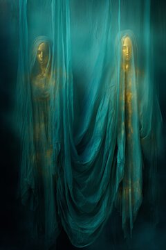 two statues in a dark room with blue curtains