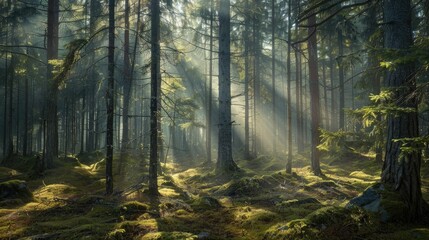 Fototapeta premium Incredible ambiance in a sunlit Norwegian woodland
