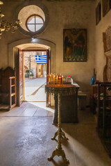 November 07, 2023. Europe, Greece, Crete, Rethymno. Venetian Baroque, 16th C. Eastern Orthodox Monastery. The Holy Monastery of Arkadi. Interior. Editorial use only.