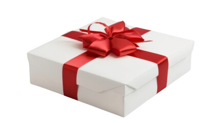 White gift box with red ribbon on white background