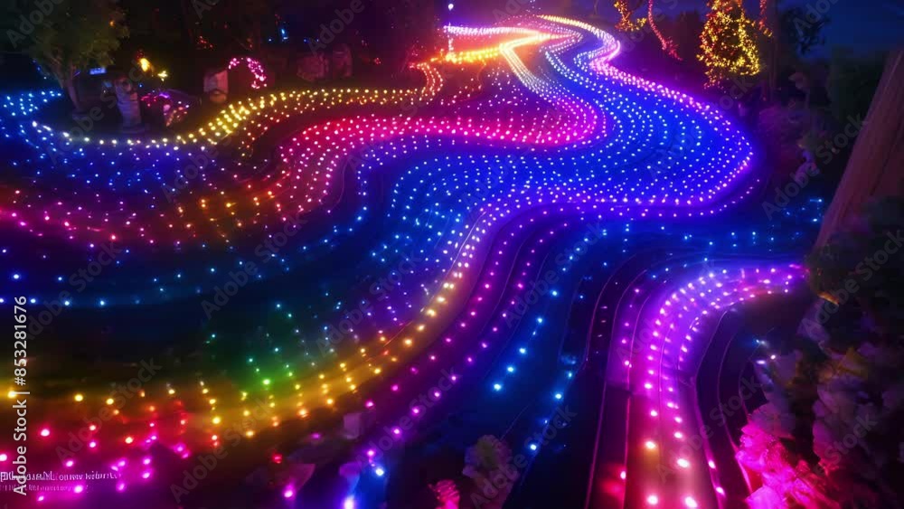 Aufkleber an overhead shot of a mazelike pathway of flickering colorful led lights creating a sense of excitem