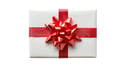 White gift box with red ribbon on white background