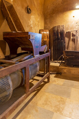 November 07, 2023. Europe, Greece, Crete, Rethymno. The Holy Monastery of Arkadi. Old machine for de-stemming and crushing wine grapes. Editorial use only.