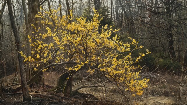 Hamamelis virginiana displaying yellow blossoms during the beginning of spring