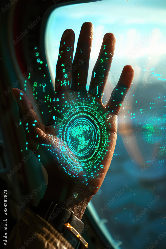 Poster a persons hand is shown through the window of an airplane with a glowing green digital globe and oth