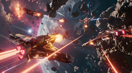 A dynamic scene of a space battle with spaceships and lasers.


