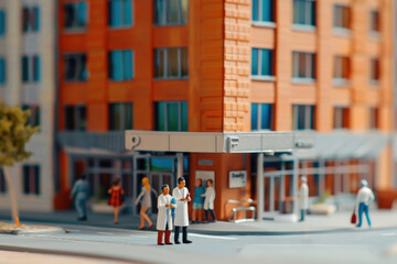 A miniature model of a city street scene with two doctors standing in front of a building