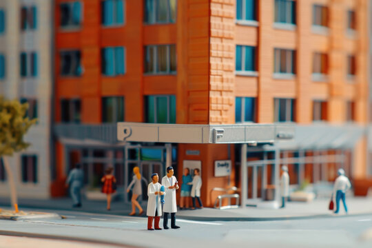 A miniature model of a city street scene with two doctors standing in front of a building