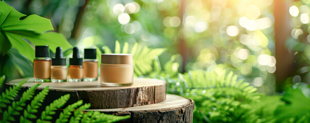 Closeup view to cosmetics on wooden boards. Natural cosmetics concept.