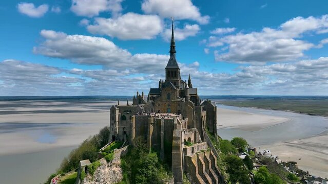 Aerial view of the famous French landmark Abbaye du Mont-Saint-Michel. Normandie. France.