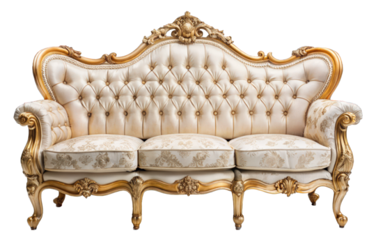 rococo style golden sofa isolated on white background