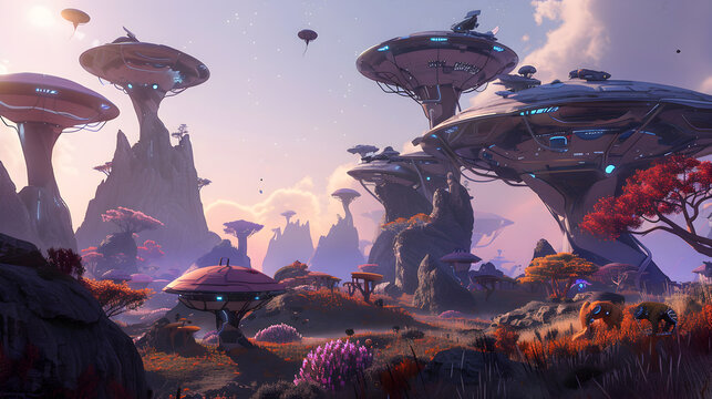A futuristic marketplace with diverse alien species.


