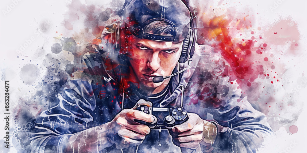Poster a young man wearing a headset and cap plays a video game with a controller. he is sitting in front o