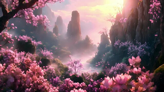 Fragrant petals swirl through the air as ethereal beings sing melodies that can only be heard in this secluded valley luring curious wanderers deeper into their mystical world.