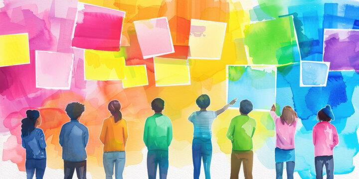 A group of diverse students stand in front of a vibrant, colorful wall of artwork. The students are looking at the art with interest and curiosity