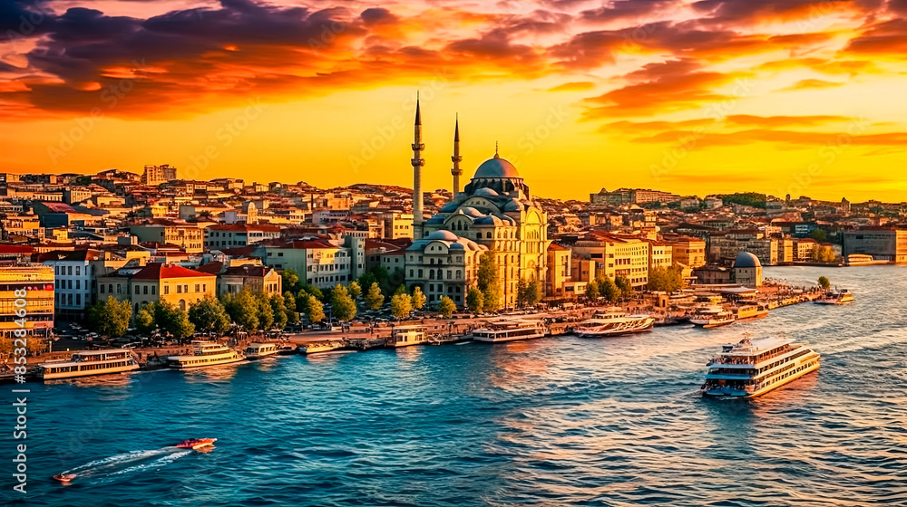 Poster a city with a large building in the middle and a river running through it.