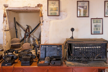 November 06, 2023. Europe, Greece, Crete, Akrotiri. Agia Triada (Holy Trinity) Monastery. Display of old communication equipment. Editorial use only.