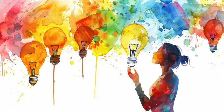 A woman reaches towards a bright, colorful watercolor light bulb. The background is filled with colorful watercolor splatter, suggesting creativity and imagination