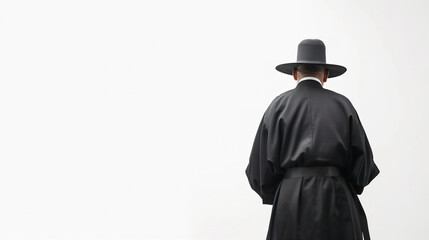  medium shot of an old Korean priest in a black robe and hat, seen from behind against a white background, in a minimalistic and cinematic style with white space. evangelism concept