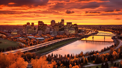 Naklejka premium A city skyline with a bridge and a river in the background.