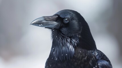 Fototapeta premium Black crow with closed beak and open eyes.