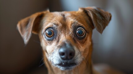 A brown surprised dog with big eyes and a black nose