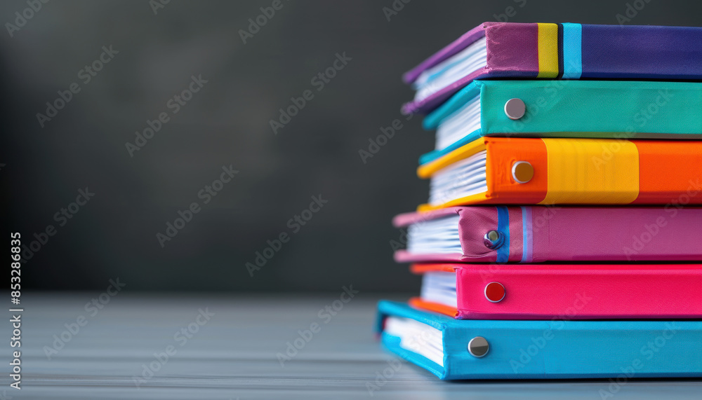 Poster a stack of colorful books on a table
