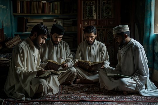 Four Men Studying Religious Texts in a Room in a Middle Eastern Country