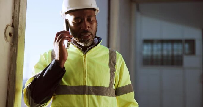 Phone call, construction worker and coughing on site with allergies, sick or communication for project management. African engineer, mobile chat or ill from dust in factory with discussion or talking