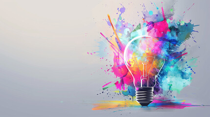 A poster with a minimalist image of a light bulb with splashes of paint radiating from it, symbolizing a brilliant idea. The concept of a creative solution to a problem or a sudden inspiration.