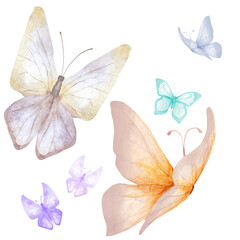 A beautiful bright butterfly. Pink, cream colors. Watercolor illustration on a white background A great decoration for wedding invitations, greeting cards, gift tags For decorating the children's room