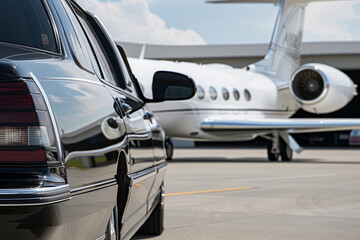 View of black luxury limousine car with private white jet in the background at the airport, private luxury escort