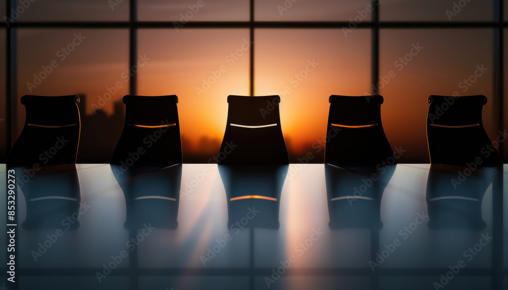 Poster a group of five chairs are arranged around a table with a view of the sunset