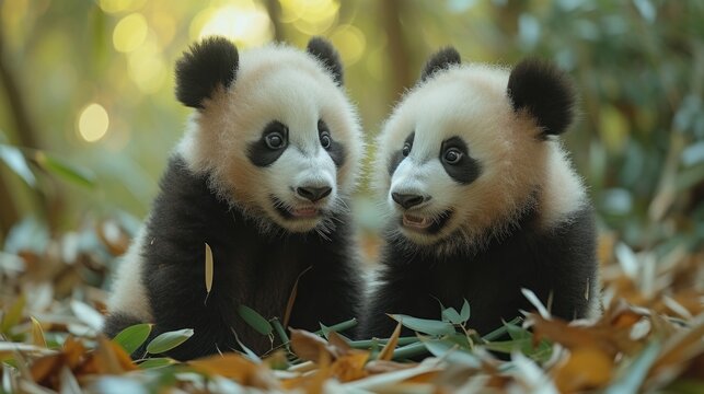 2 adorable baby pandas playing with each other on the green grass