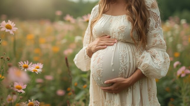woman wearing white dress holding pregant belly