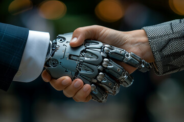Close-up of the hands of a robot and a human. Businessman shaking hands with a robot in a suit. Artificial intelligence in business.
