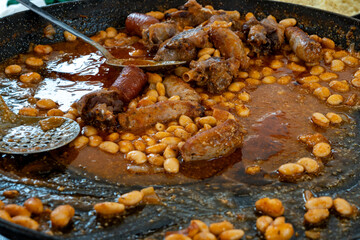 Fabada asturiana or Cassoulet from Aude department in Occitanie, bean stew, Spain, made large white beans, shoulder pork, pancetta or bacon,  mutton and preserved goose on local market