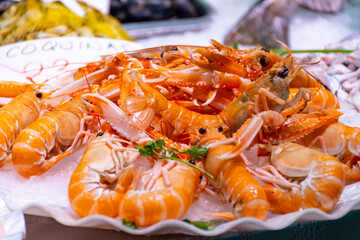 Assortment of fresh daily catch of prawns, seashells, molluscs on ice on fish market in Brittany, France, English translation: differens French names of seafood