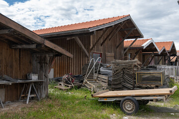 Travelling in France, old wooden huts and oysters farms in Gujan-Mestras village, cultivation and...