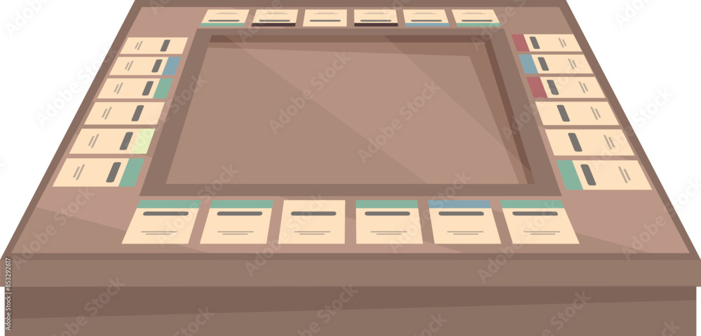 Aufkleber board game with empty cards lying on wooden table top view