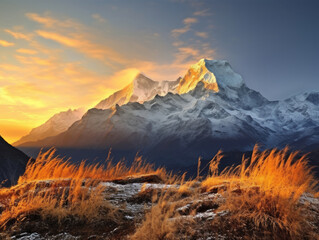 A mountain range with a beautiful sunset in the background. The mountains are covered in snow and the grass is dry and brown.