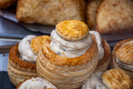 Stuffed puss pastry filled with meat pr muchrooms sauce, French cousune vol-au-vent starter dish
