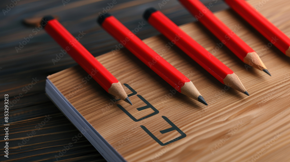Poster four red pencils are lined up on a piece of paper with a check mark in the middl