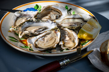 Plate with fresh live oysters with citron, bread, butter and white wine served at restaurant in oyster-farming village, Arcachon bay, Gujan-Mestras port, France